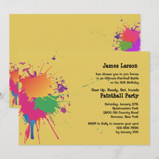Uitnodiging van de partij Paintball (Voorkant / Achterkant)
