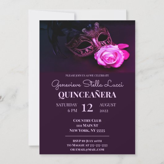 Uitnodiging van de partij Pink Masquerade Quinceañ (Voorkant)