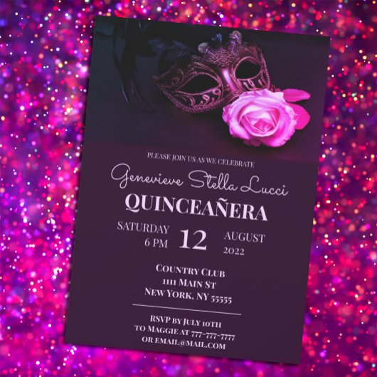 Uitnodiging van de partij Pink Masquerade Quinceañ