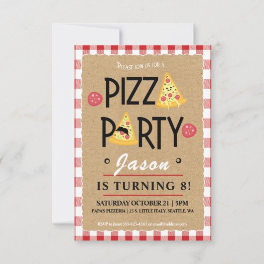 Uitnodiging van de partij Pizza Party voor kindere (Voorkant)