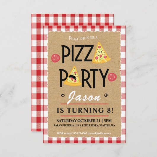 Uitnodiging van de partij Pizza Party voor kindere (Voorkant / Achterkant)