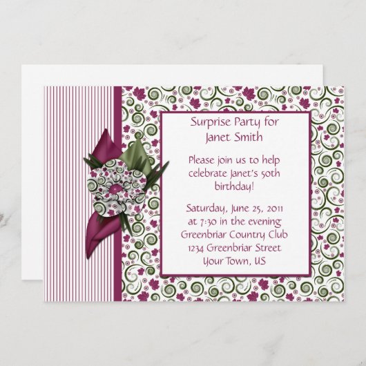 Uitnodiging van de partij Plum Stripes en Leaves (Voorkant / Achterkant)