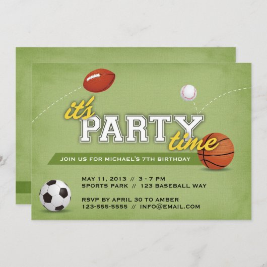 Uitnodiging van de partij Sports Birthday (Voorkant / Achterkant)