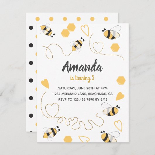 uitnodiging van de partij Sweet Little Honey Bee B (Voorkant / Achterkant)