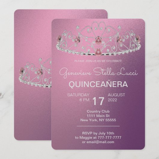 Uitnodiging van de partij Tiara Quinceañera (Voorkant / Achterkant)