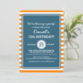 Uitnodiging van de partij Trendy Oranje/Navy Strip (Staand voorkant)