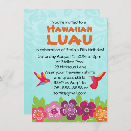 Uitnodiging van de partij Tropische Flower Luau (Voorkant / Achterkant)