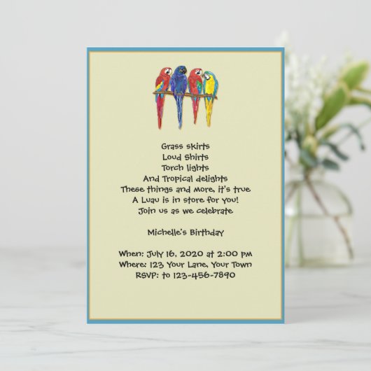 Uitnodiging van de partij Tropische Parrots Luau (Staand voorkant)