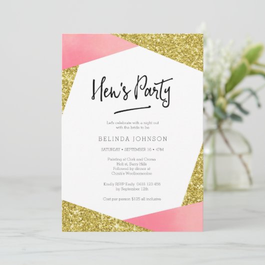 Uitnodiging van de partij van Hen | Roze en glitte (Staand voorkant)