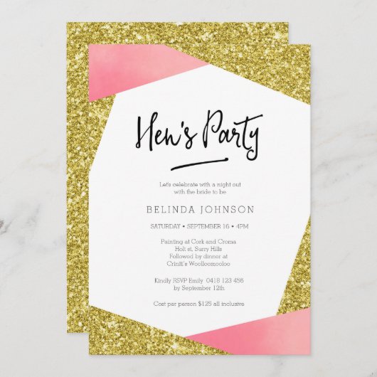 Uitnodiging van de partij van Hen | Roze en glitte (Voorkant / Achterkant)