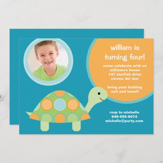 Uitnodiging van de partij van Turtle Birthday (Voorkant / Achterkant)