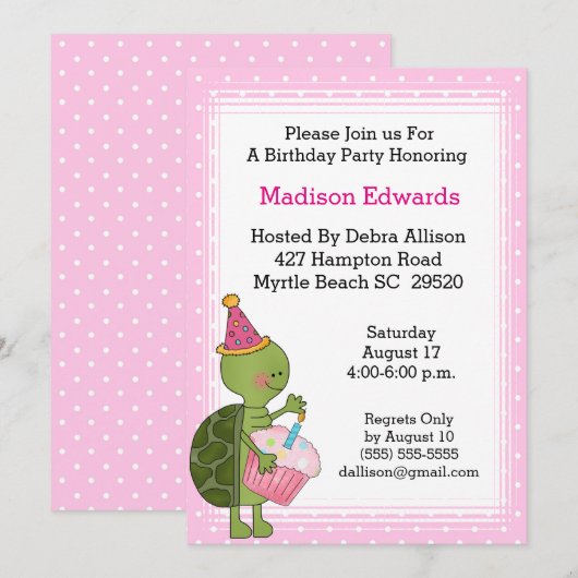 Uitnodiging van de partij van Turtle Birthday (Voorkant / Achterkant)