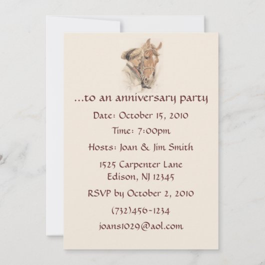 Uitnodiging van de  partij voor paarden en Lady (Achterkant)