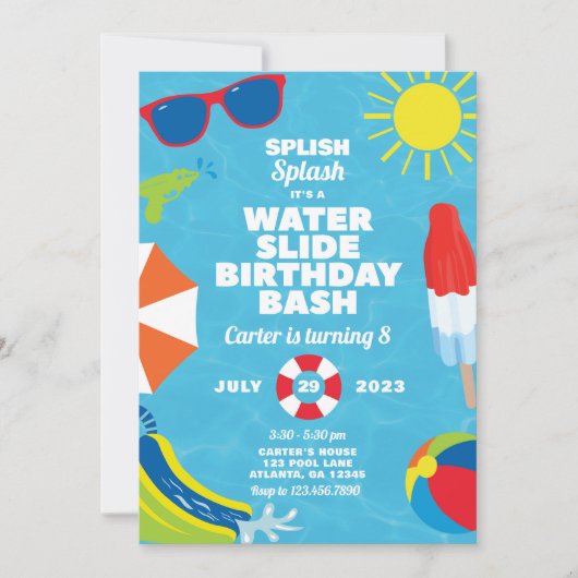 Uitnodiging van de partij Waterslide Birthday (Voorkant)
