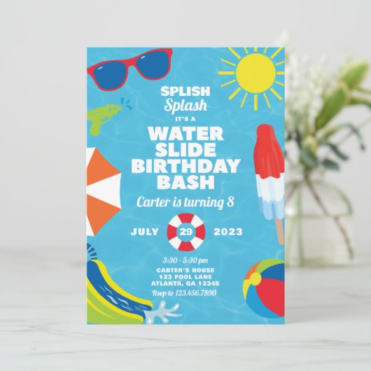 Uitnodiging van de partij Waterslide Birthday (Staand voorkant)