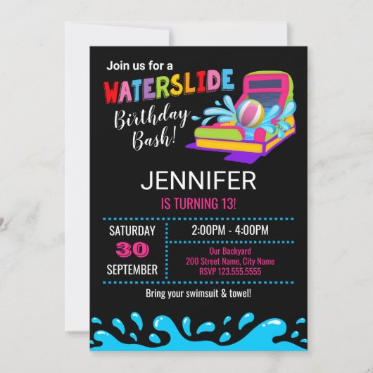 Uitnodiging van de partij Waterslide Birthday (Voorkant)