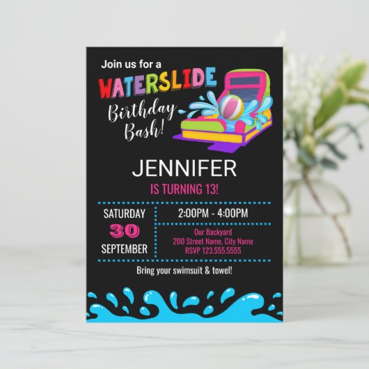 Uitnodiging van de partij Waterslide Birthday (Staand voorkant)