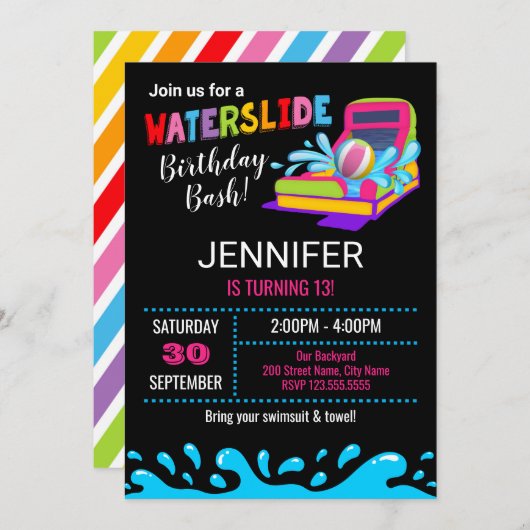 Uitnodiging van de partij Waterslide Birthday (Voorkant / Achterkant)