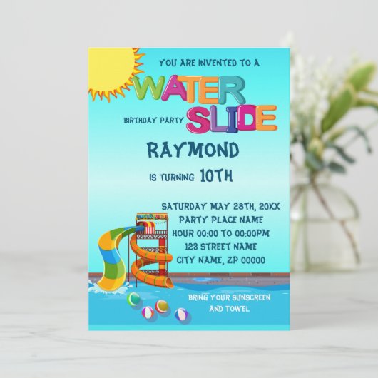Uitnodiging van de partij Waterslide Birthday (Staand voorkant)