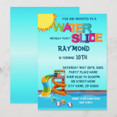 Uitnodiging van de partij Waterslide Birthday (Voorkant / Achterkant)