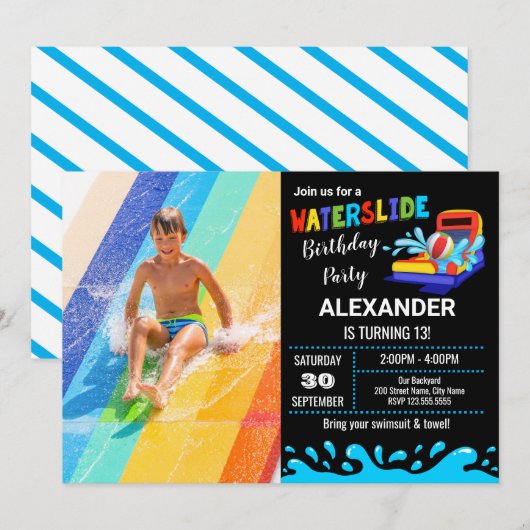 Uitnodiging van de partij Waterslide Birthday (Voorkant / Achterkant)