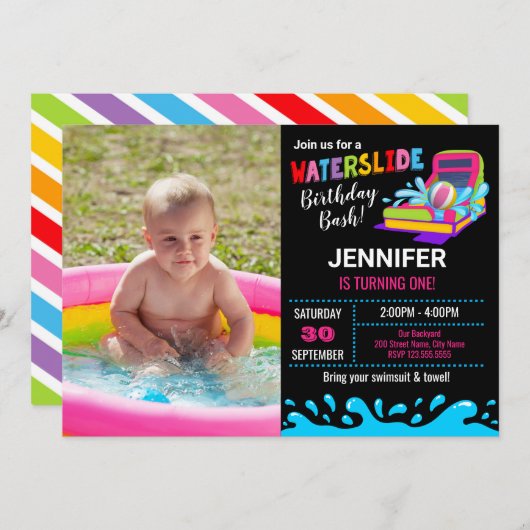 Uitnodiging van de partij Waterslide Birthday (Voorkant / Achterkant)