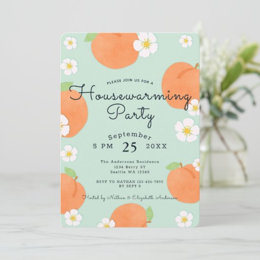 Uitnodiging van de Peach House Warming Party (Staand voorkant)