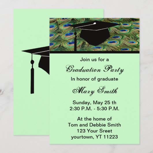 Uitnodiging van de Peacock Graduation Party (Voorkant / Achterkant)