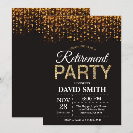 Uitnodiging van de Pensioenpartij Black en Gold Gl (Voorkant / Achterkant)