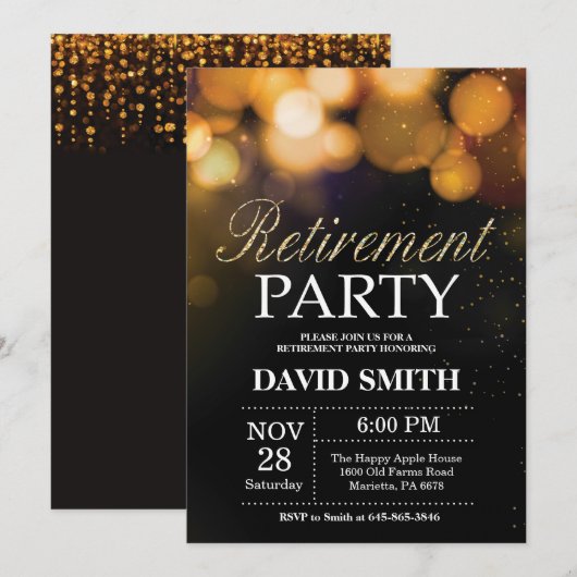 Uitnodiging van de Pensioenpartij Black en Gold Gl (Voorkant / Achterkant)