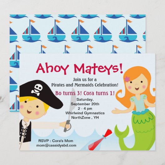 Uitnodiging van de Pirate and Mermaid Birthday Par (Voorkant / Achterkant)