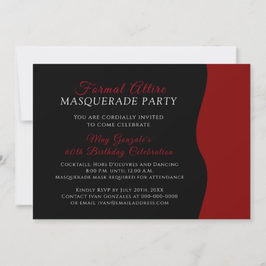 Uitnodiging van de Rode en Zwarte Masquerade Party (Achterkant)