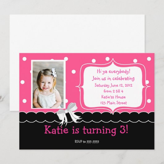 uitnodiging van de roze Birthday Party (Voorkant / Achterkant)