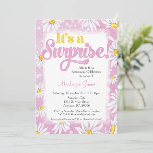 Uitnodiging van de roze Daisy Surprise Retirement (Staand voorkant)