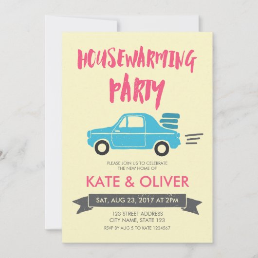 Uitnodiging van de roze- en blauwe autopartij (Voorkant)