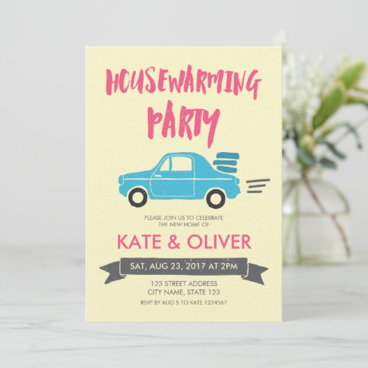 Uitnodiging van de roze- en blauwe autopartij (Staand voorkant)