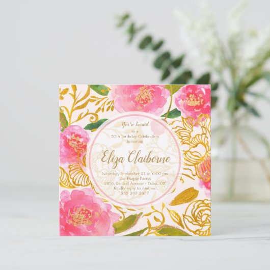 uitnodiging van de roze en de goudbloem (Staand voorkant)