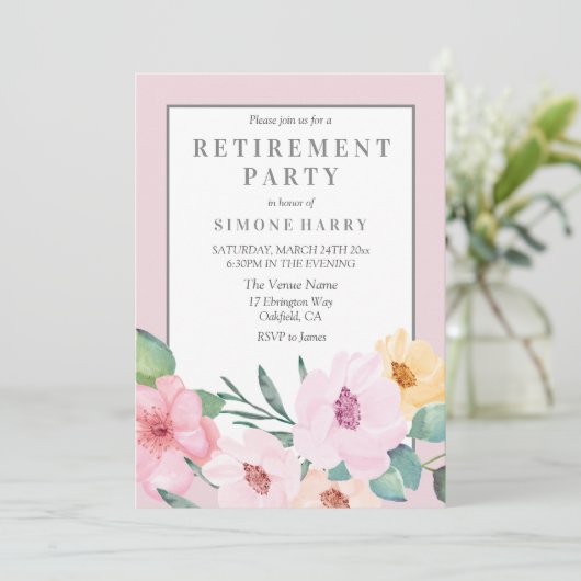 Uitnodiging van de roze Floral Border Retirement P (Staand voorkant)