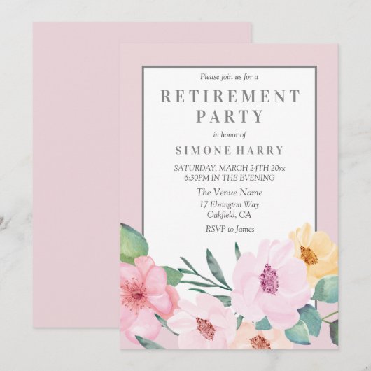 Uitnodiging van de roze Floral Border Retirement P (Voorkant / Achterkant)