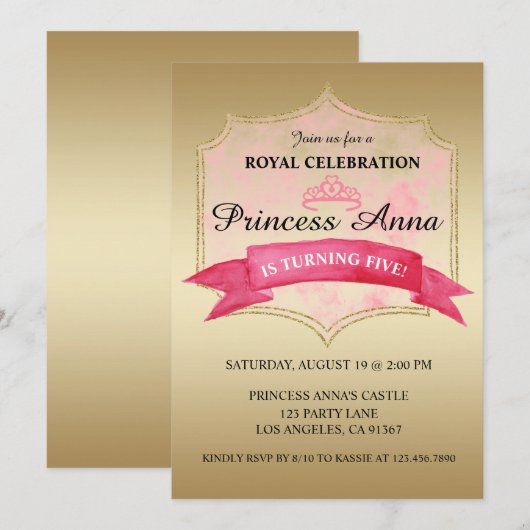 uitnodiging van de roze prinses Royal Birthday Par (Voorkant / Achterkant)