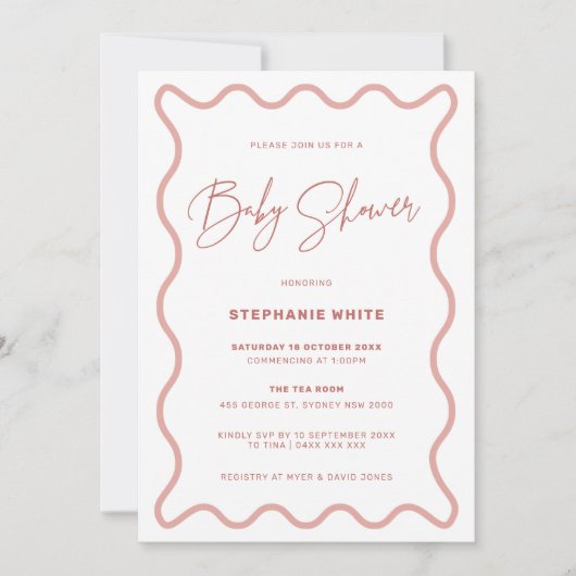 Uitnodiging van de roze Wavy Border Baby shower Pa (Voorkant)