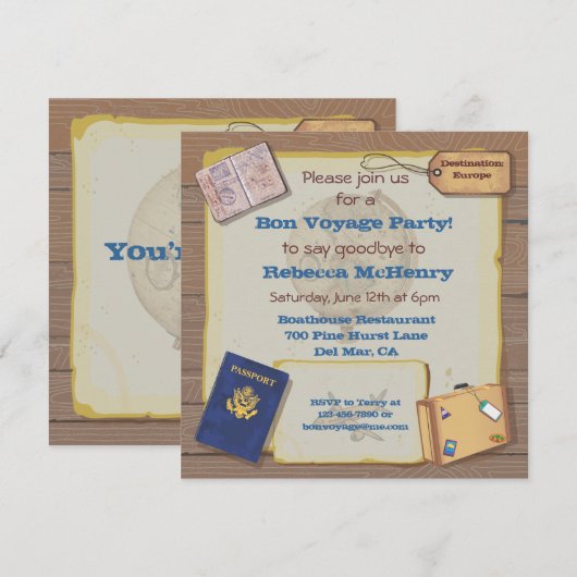 Uitnodiging van de Rustische Bon Voyage Party (Voorkant / Achterkant)
