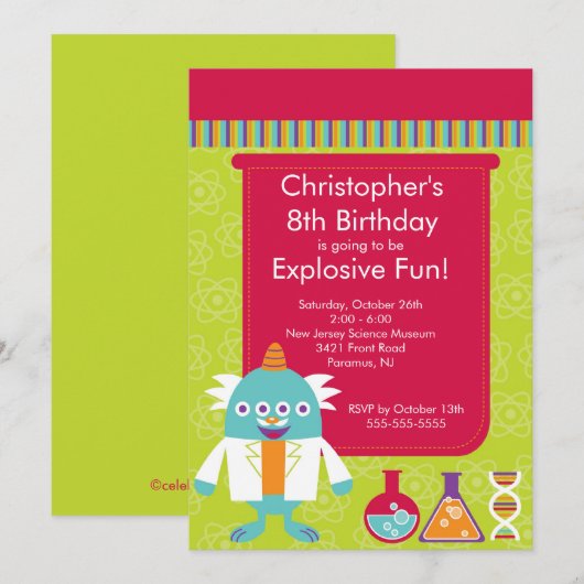 Uitnodiging van de Science Birthday Party (Voorkant / Achterkant)