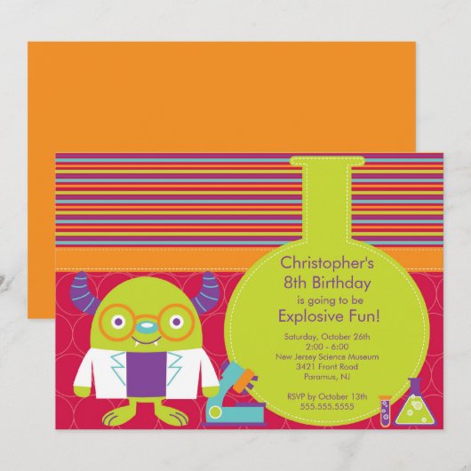 Uitnodiging van de Science Birthday Party (Voorkant / Achterkant)