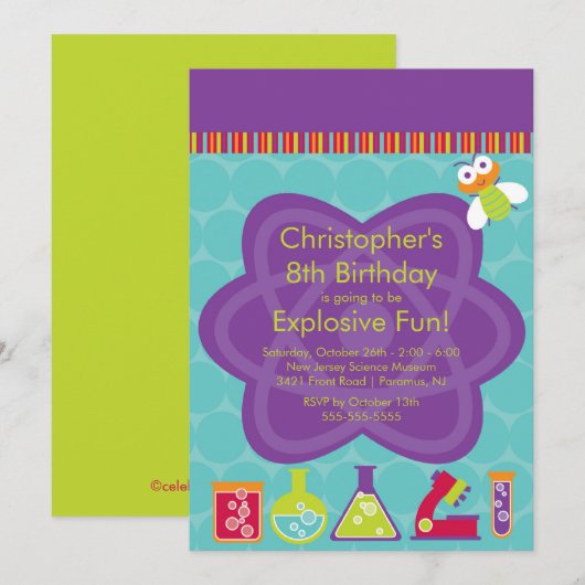 Uitnodiging van de Science Birthday Party (Voorkant / Achterkant)