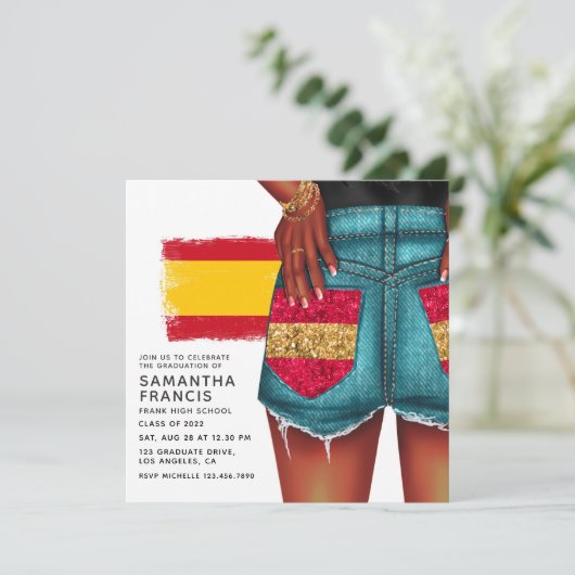 Uitnodiging van de Spaanse Denim Girl Graduation P (Staand voorkant)
