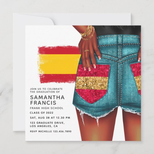 Uitnodiging van de Spaanse Denim Girl Graduation P (Voorkant)
