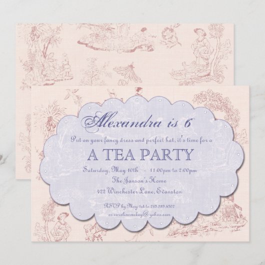 uitnodiging van de Tea-partij Toile Birthday (Voorkant / Achterkant)