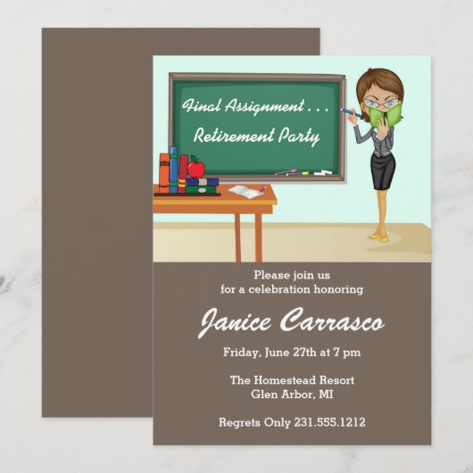 Uitnodiging van de Teacher-partij Brunette (Voorkant / Achterkant)