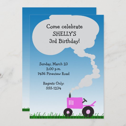 Uitnodiging van de trekker: Roze tractor (Voorkant / Achterkant)